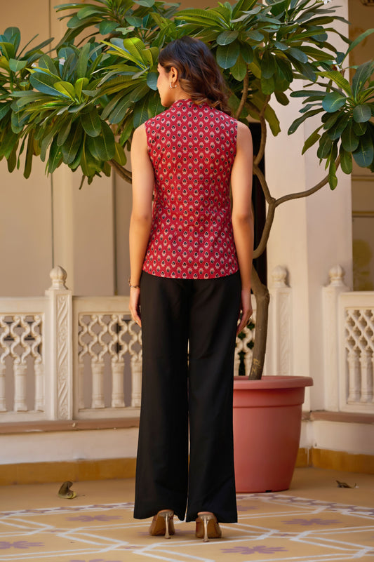 Maroon Floral Printed Straight Cotton Stitched Top