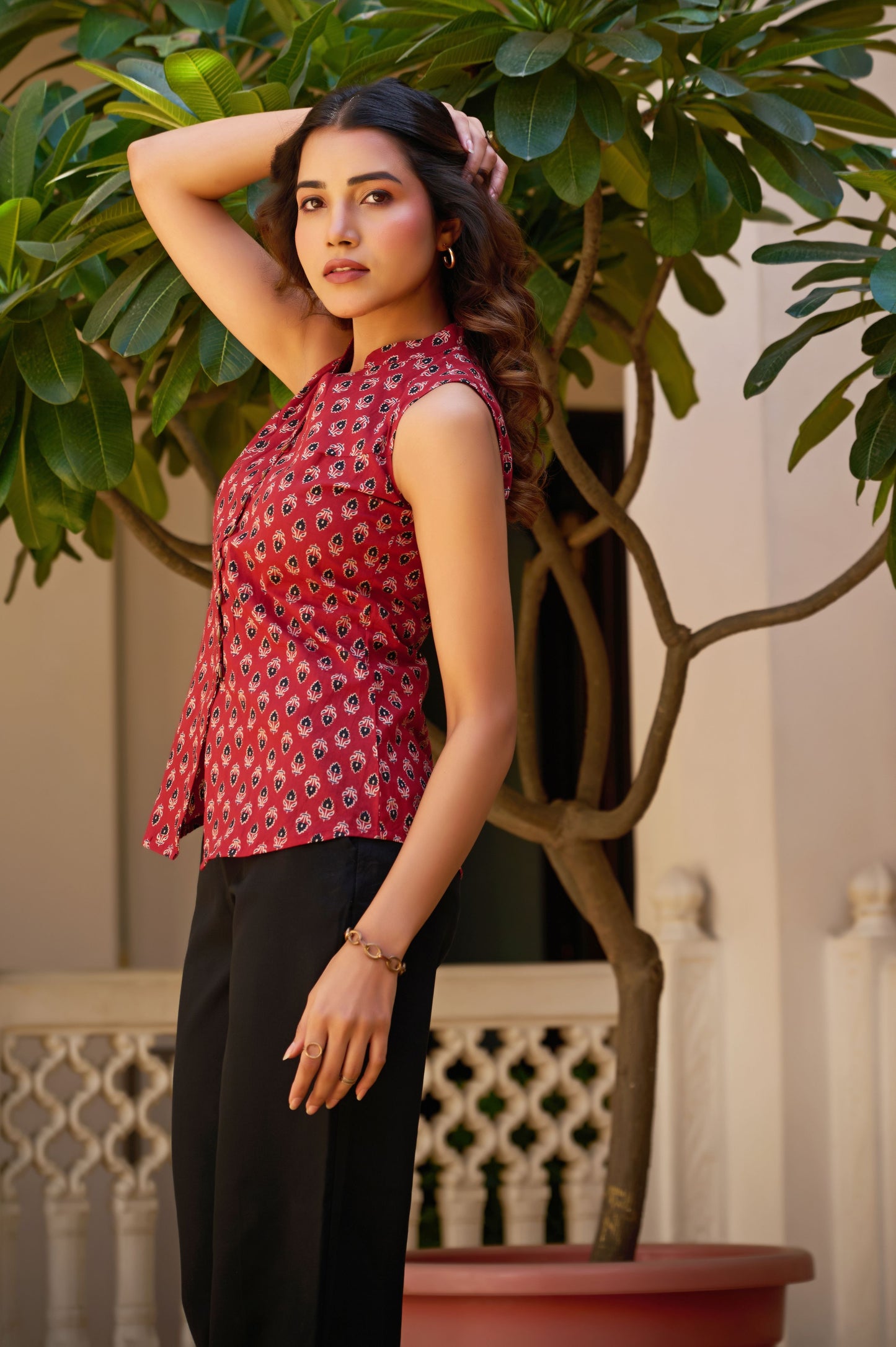 Maroon Floral Printed Straight Cotton Stitched Top