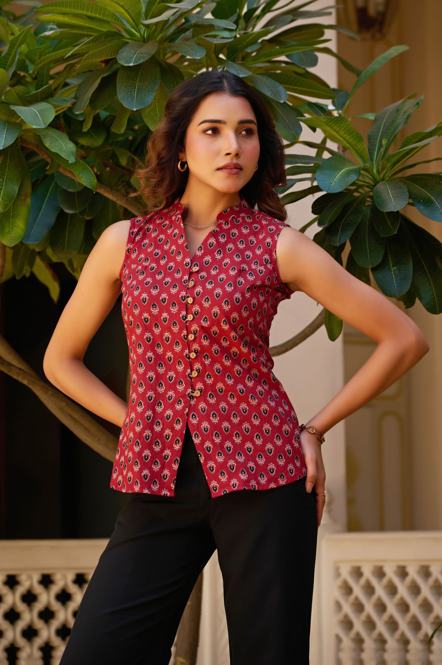 Maroon Floral Printed Straight Cotton Stitched Top