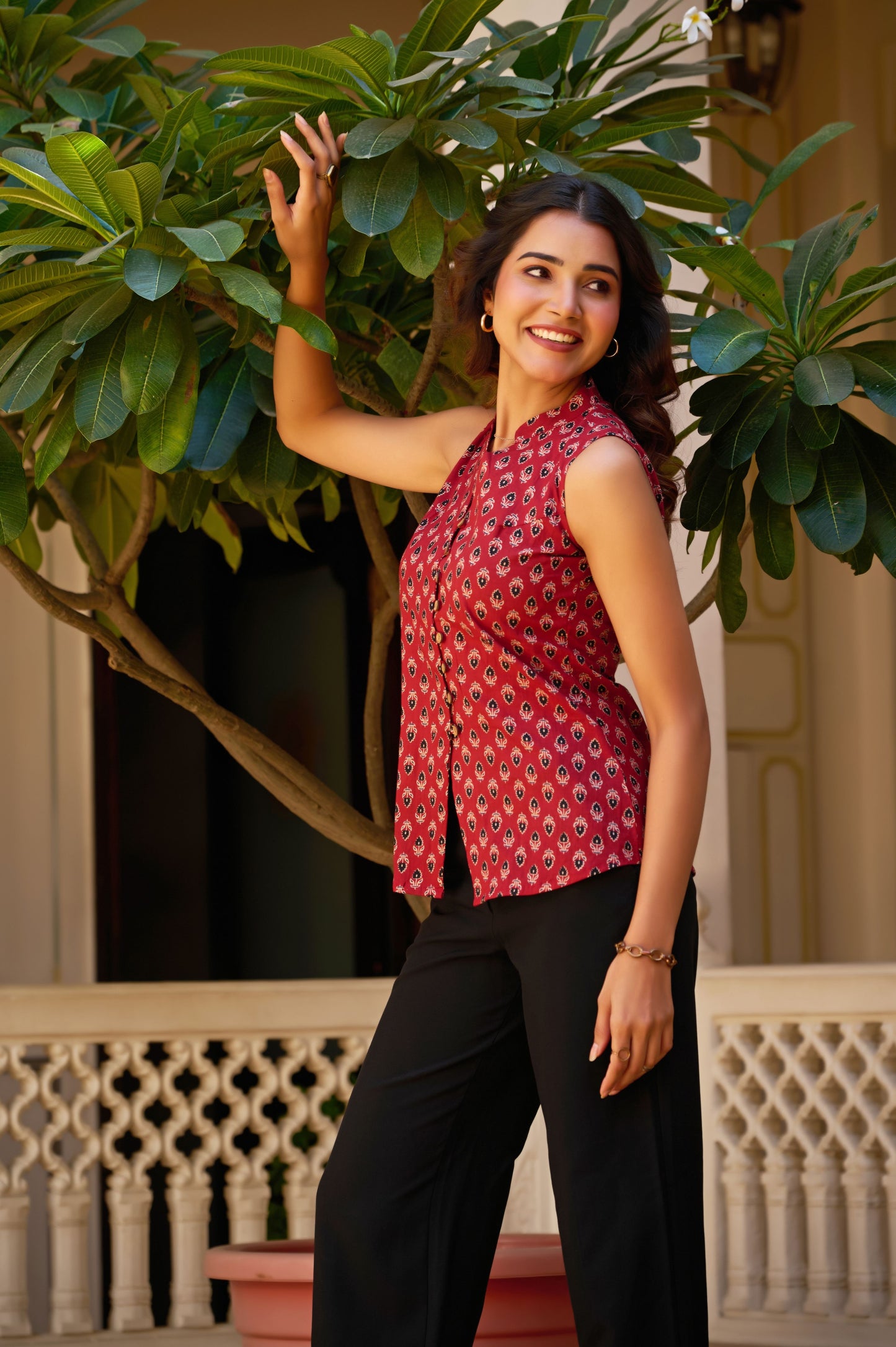 Maroon Floral Printed Straight Cotton Stitched Top