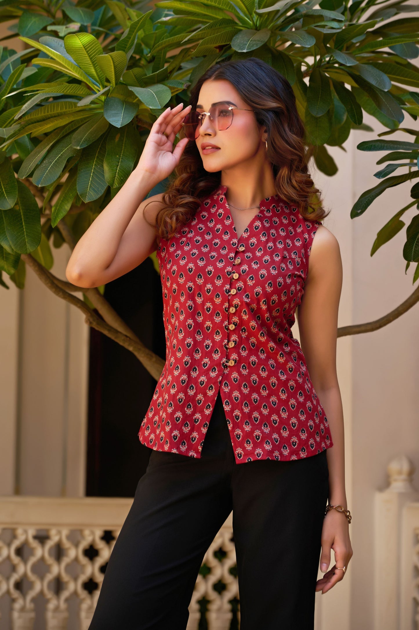 Maroon Floral Printed Straight Cotton Stitched Top