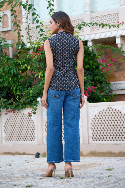 Black Floral Printed Straight Cotton Stitched Top