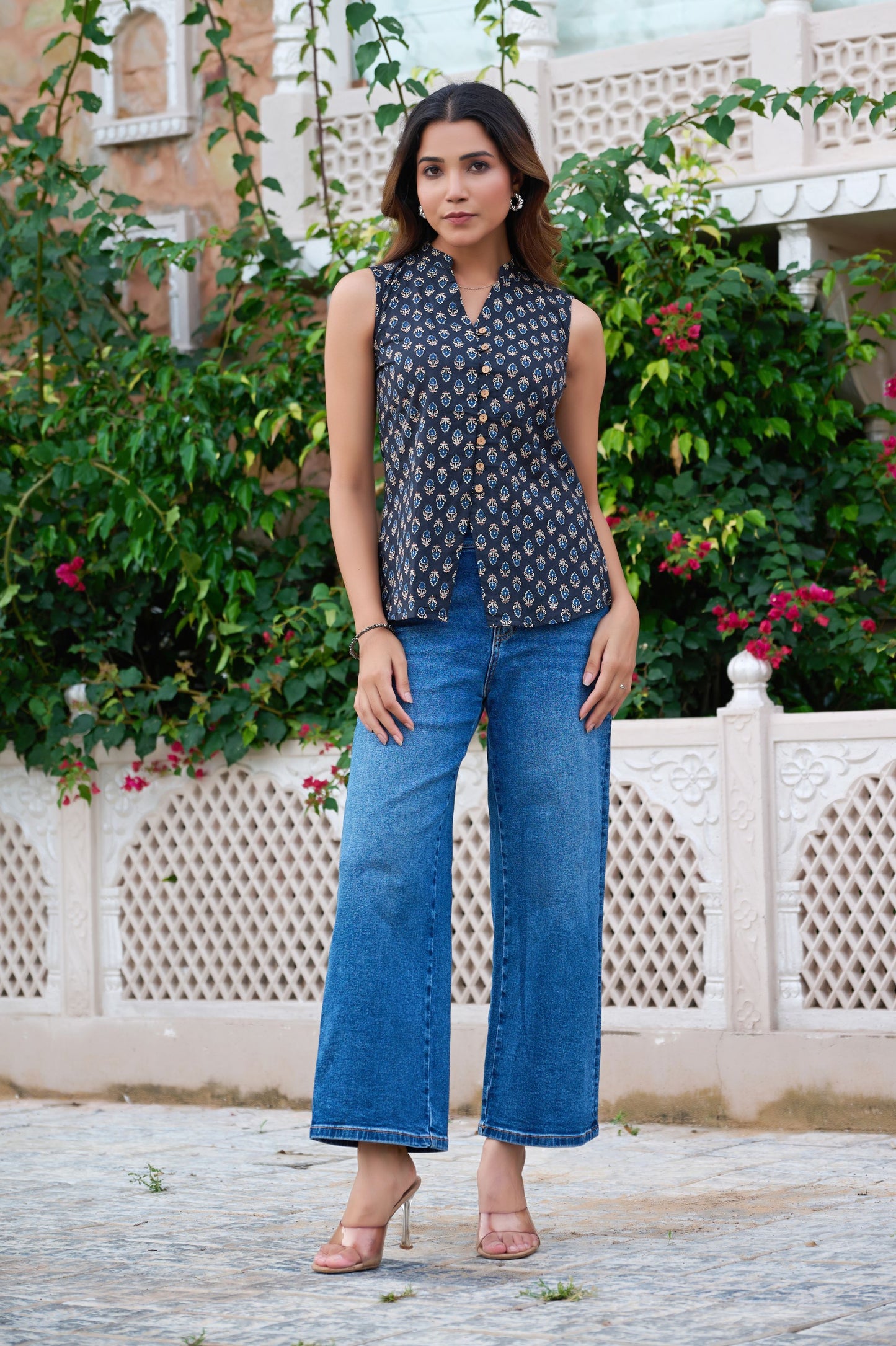 Black Floral Printed Straight Cotton Stitched Top