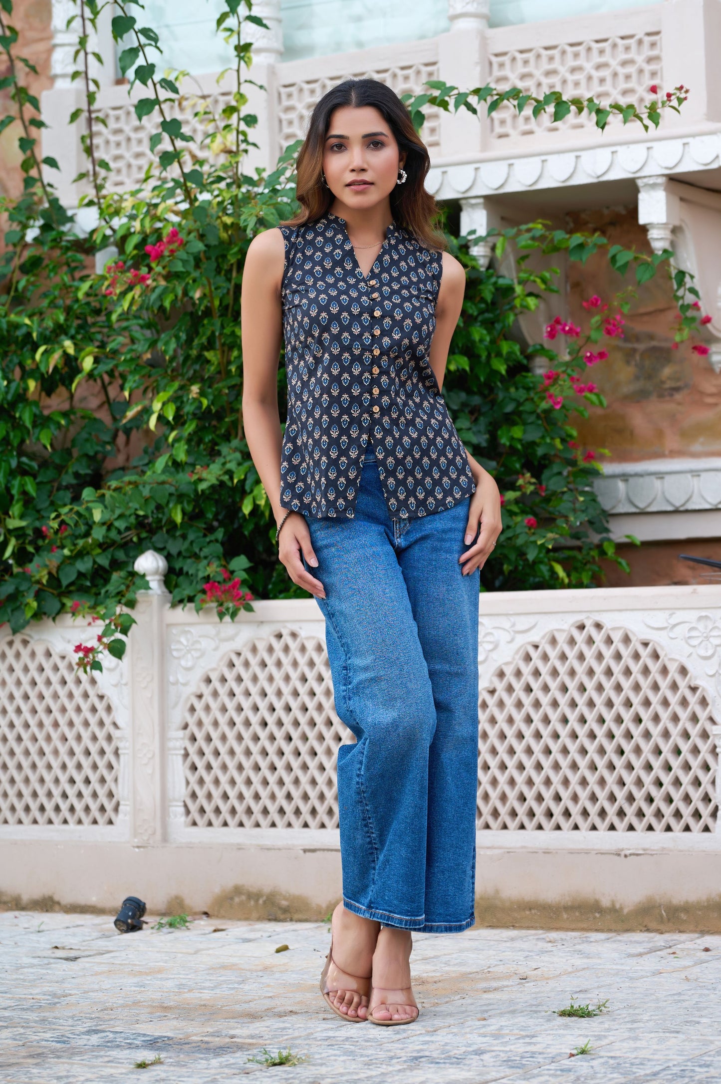 Black Floral Printed Straight Cotton Stitched Top