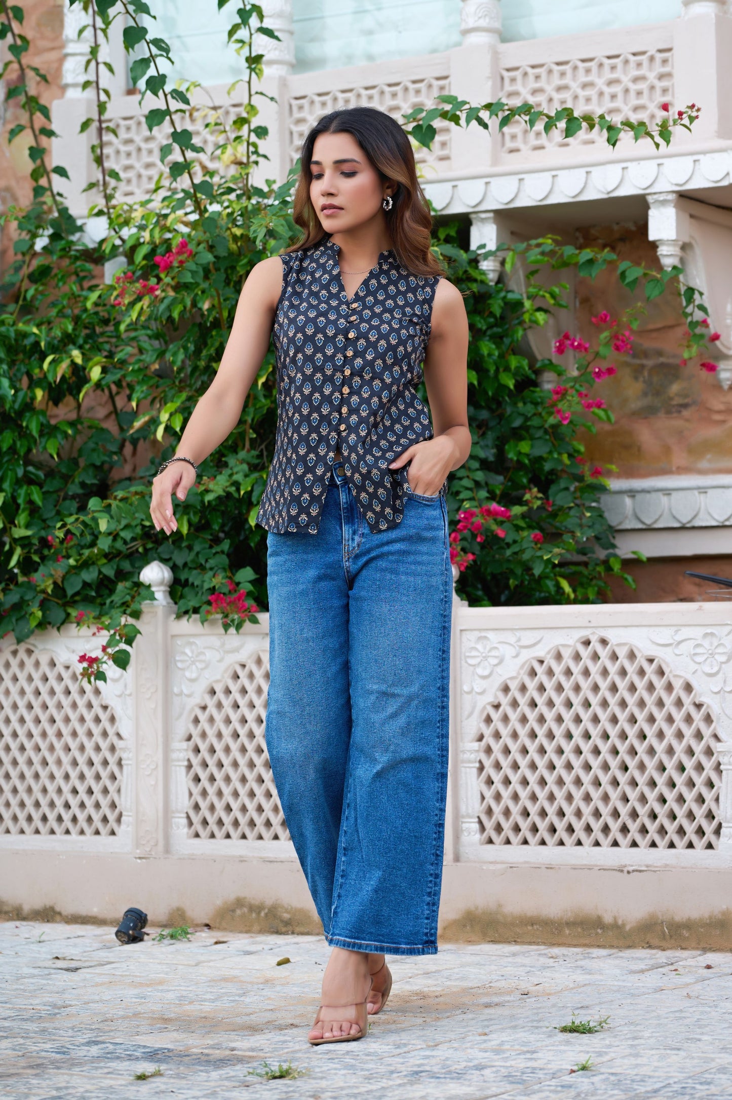 Black Floral Printed Straight Cotton Stitched Top