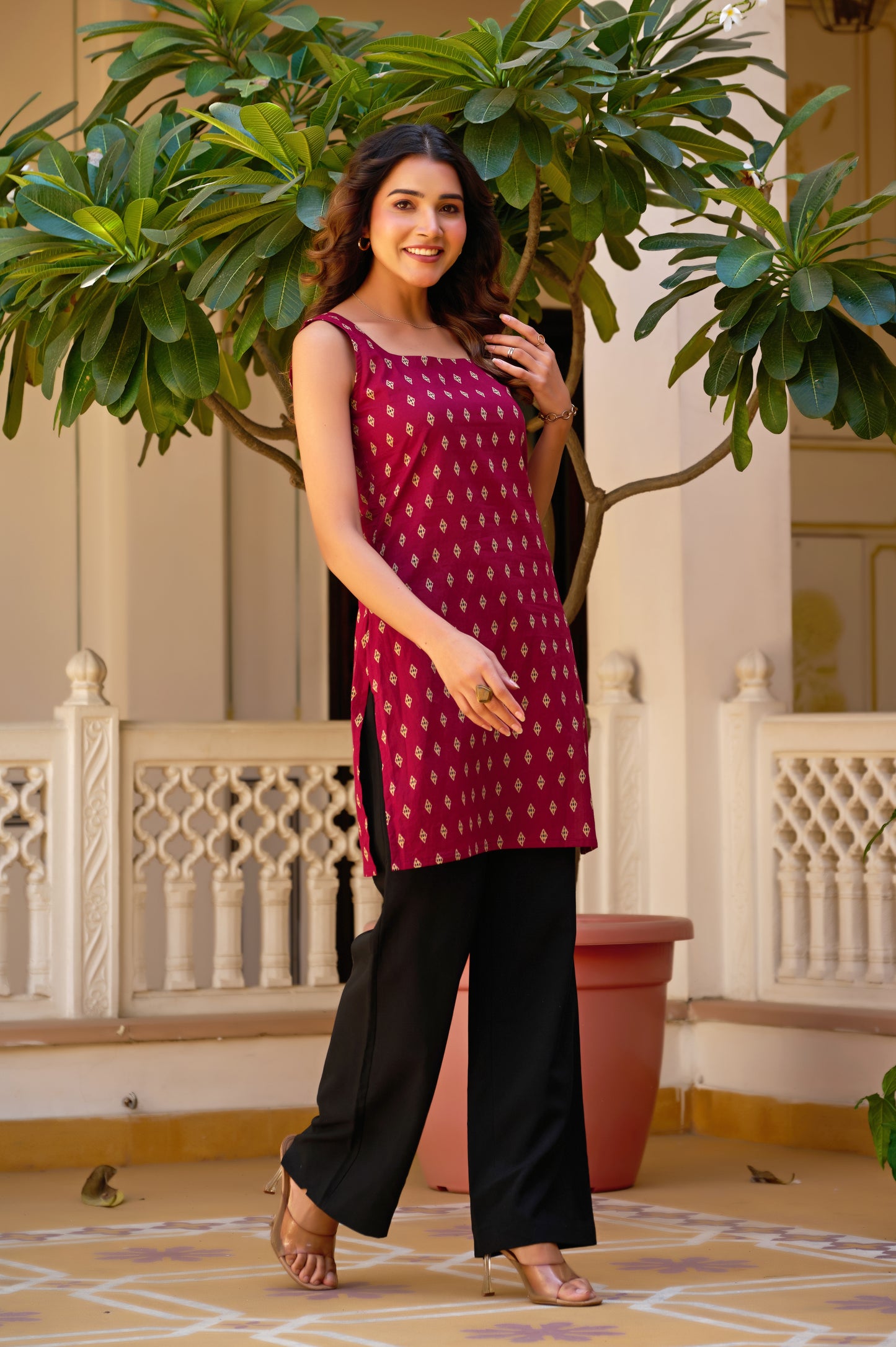 Burgundy Geometric Print Straight Cotton Stitched Short Kurta