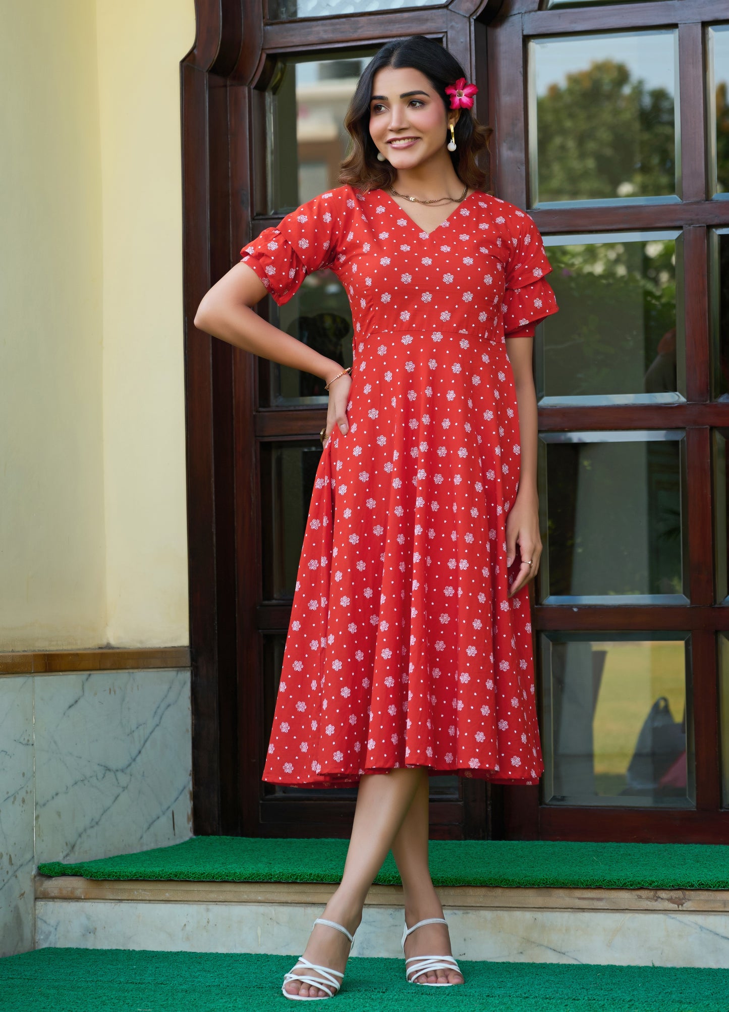 Orange Floral Print Fit & Flare Cotton Stitched Dress