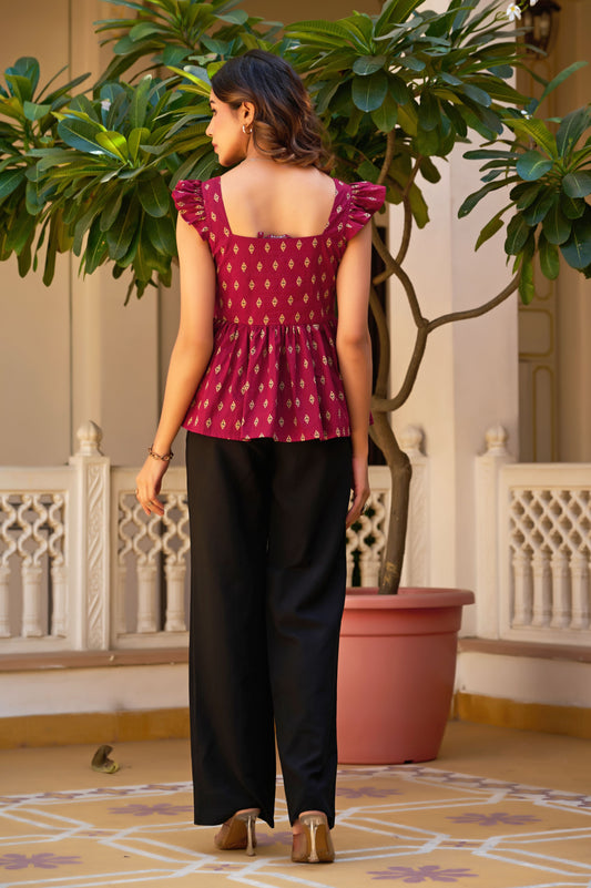 Burgundy Geometric Print Fit & Flare Cotton Stitched Top