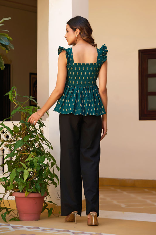 Teal Geometric Print Fit & Flare Cotton Stitched Top