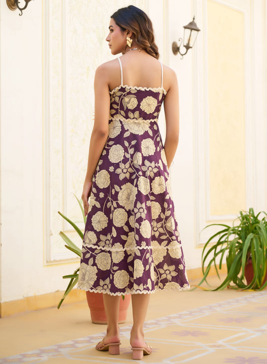 Wine Floral Print Fit & Flare Cotton Stitched Dress