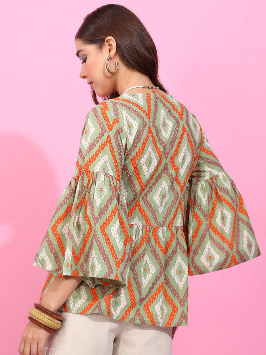 Pista Geometric Pattern Fit & Flare Cotton Stitched Top