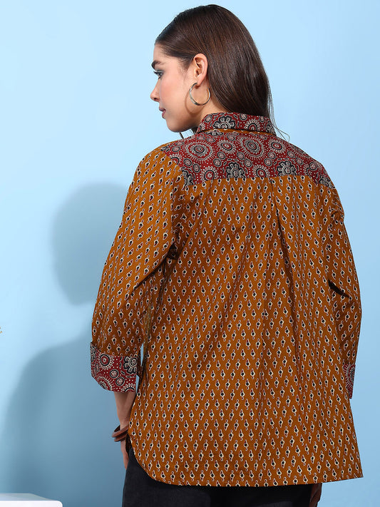 Mustard Printed Straight Cotton Stitched Shirt