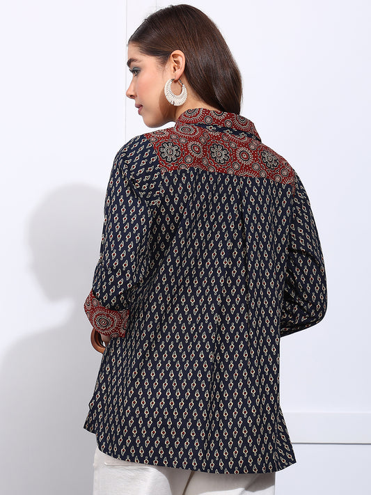 Blue Printed Straight Cotton Stitched Shirt