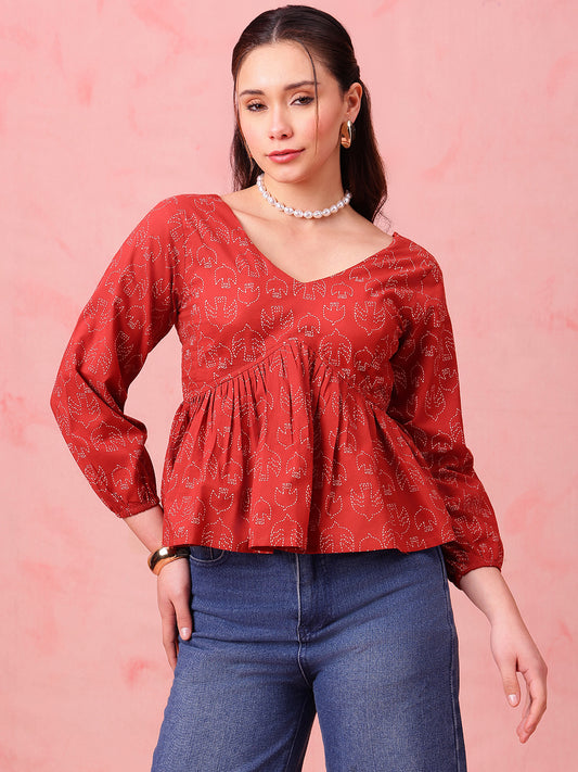 Brown Printed Fit & Flare Cotton Stitched Top