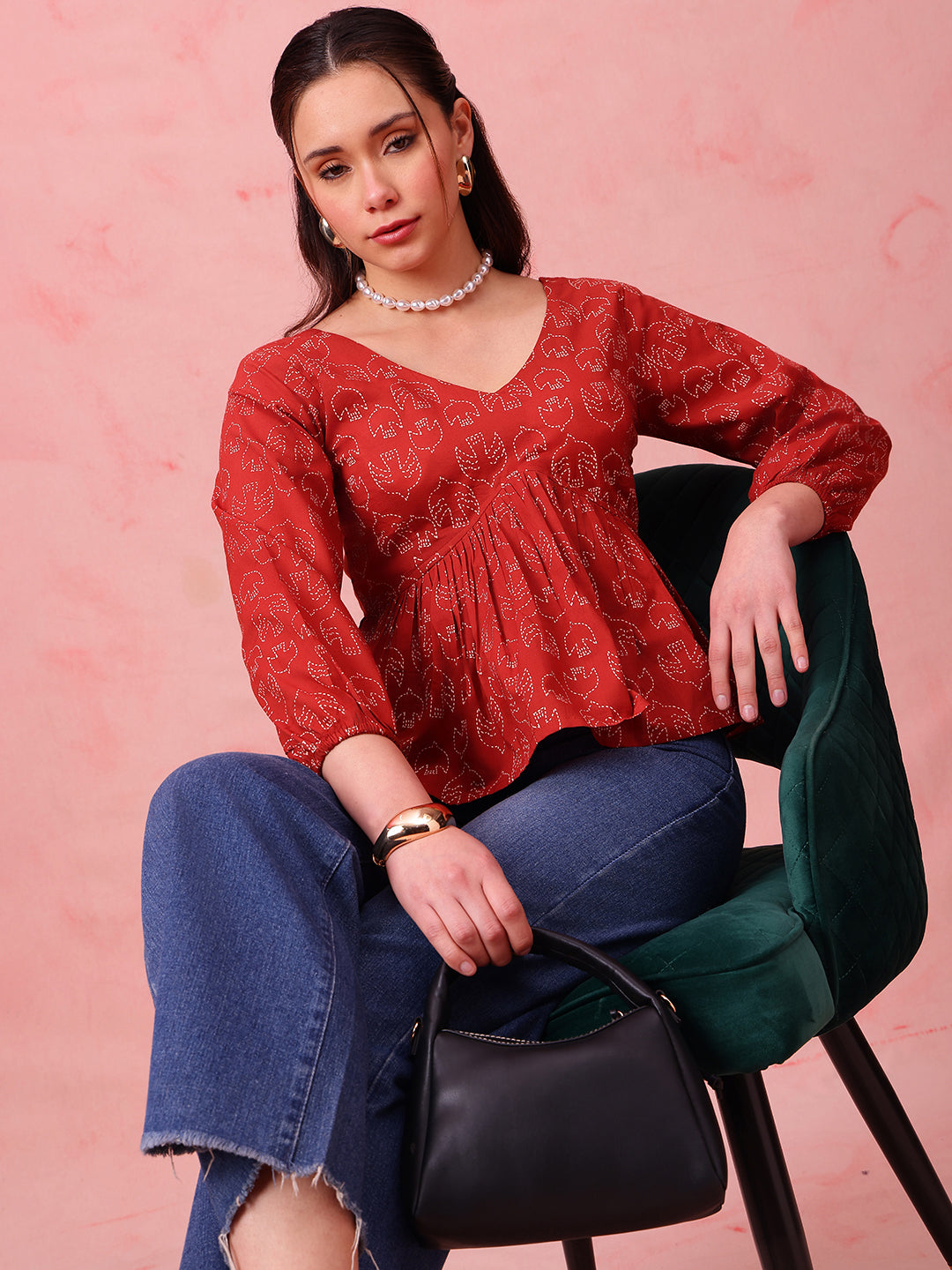 Brown Printed Fit & Flare Cotton Stitched Top