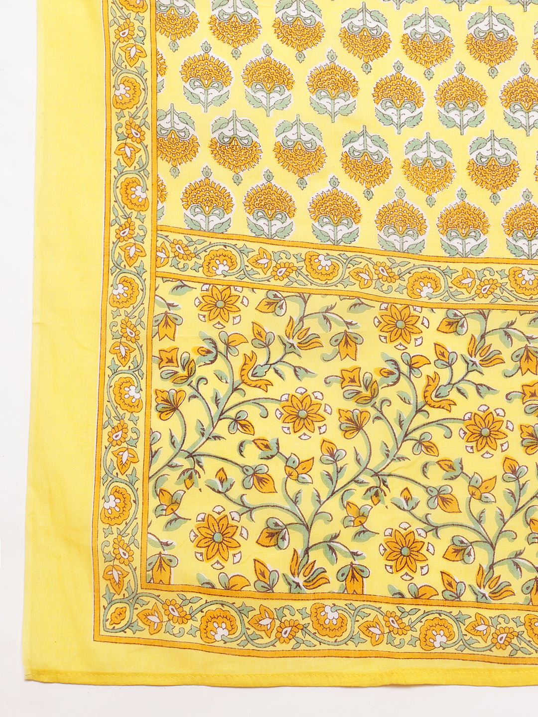 Yellow Floral A-Line Cotton Stitched Kurta, Pant With Dupatta