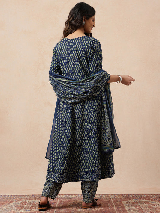 Blue Floral Printed Anarkali Cotton Stitched Kurta, Pant With Dupatta