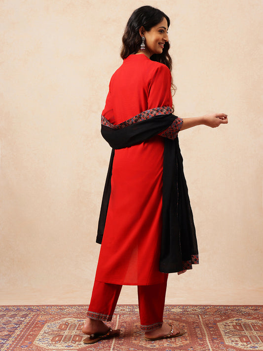 Red Applique Work Straight Cotton Stitched Kurta, Pant With Dupatta