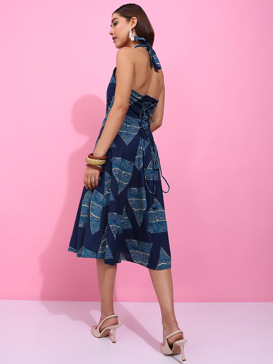 Blue Geometric Print Fit & Flare Cotton Stitched Dress