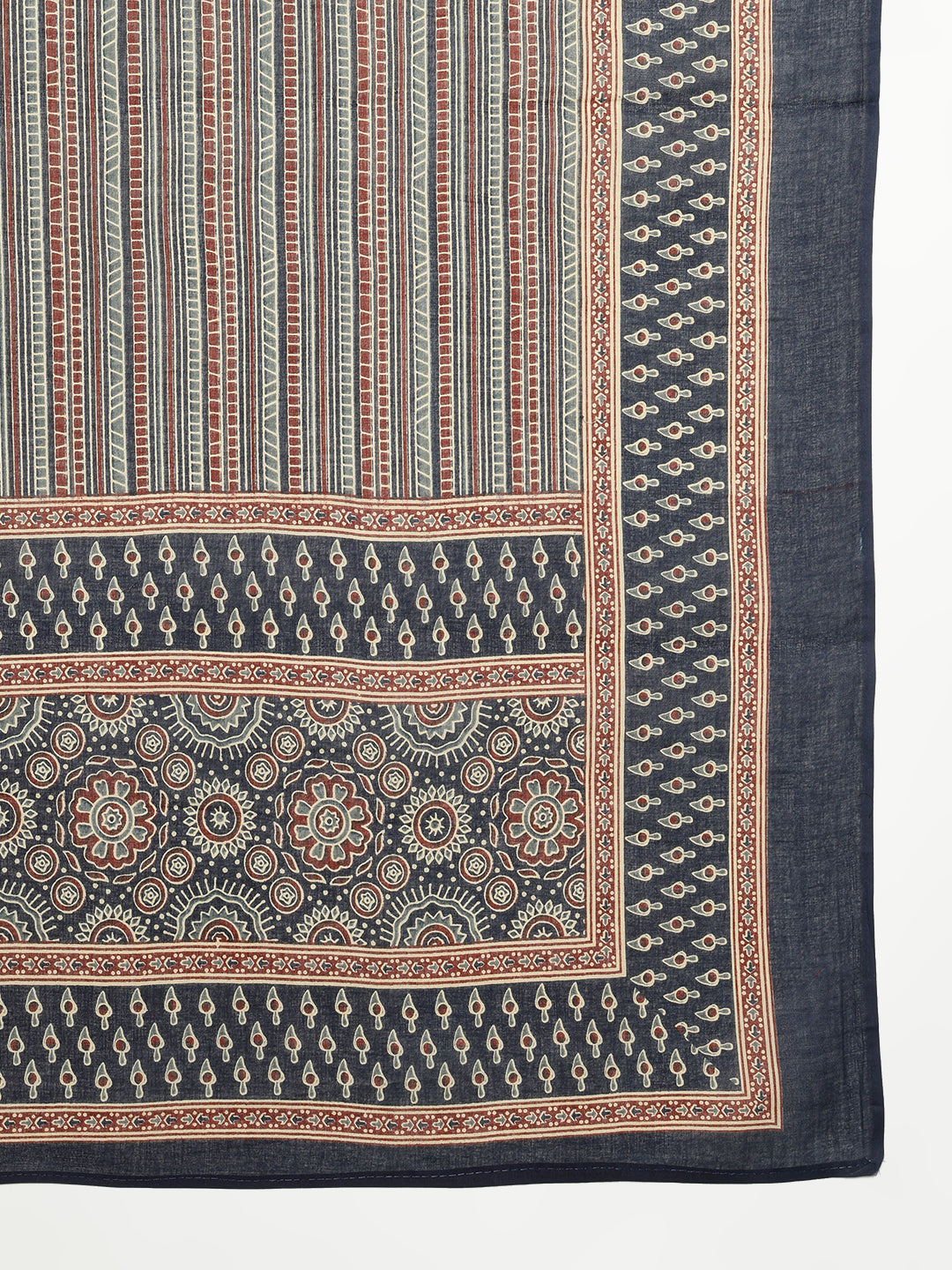 Navy Blue Ajrak Anarakali Cotton Stitched Kurta, Palazzo With Dupatta