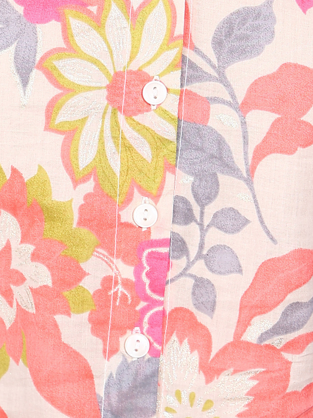 Pink Floral Printed Straight Cotton Stitched Top