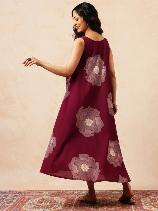Magenta Floral Printed Fit & Flare Cotton Stitched Dress
