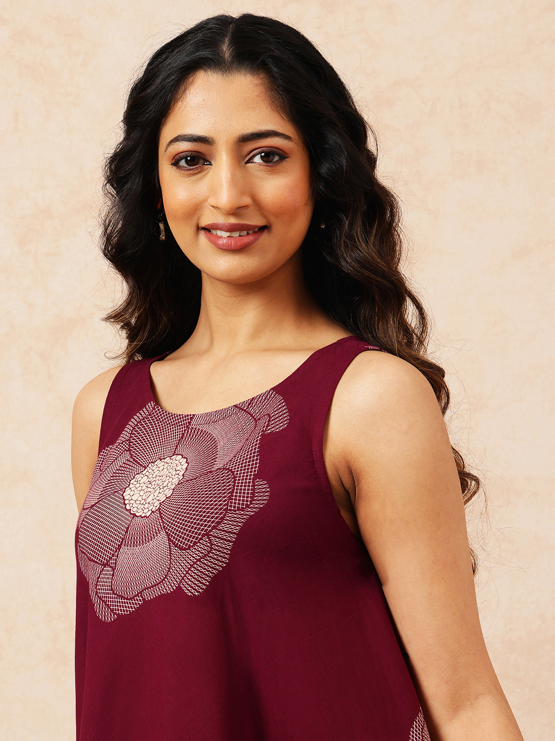 Magenta Floral Printed Fit & Flare Cotton Stitched Dress