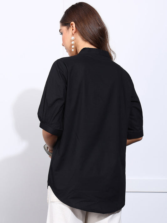 Black Solid Straight Cotton Stitched Top