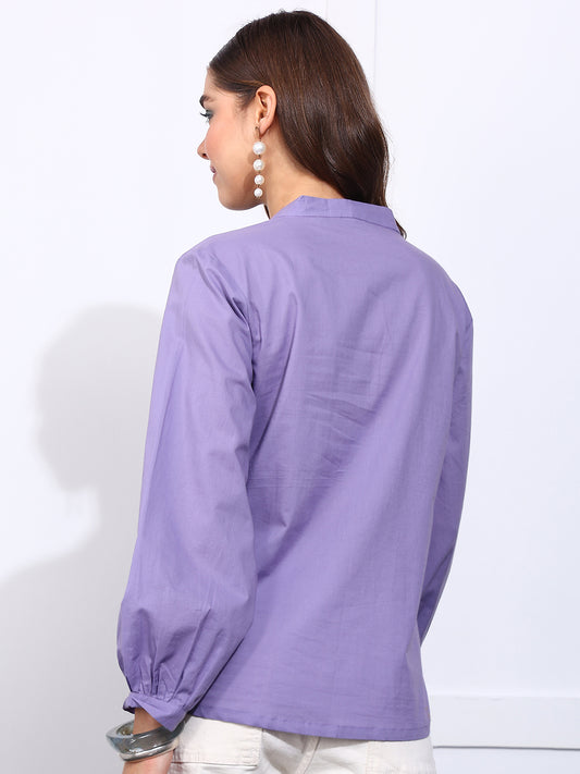 Purple Solid Straight Cotton Stitched Top