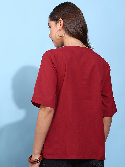Maroon Solid Straight Cotton Flex Stitched Top