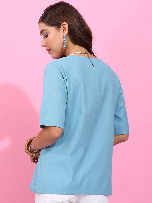 Sky Solid Straight Cotton Flex Stitched Top