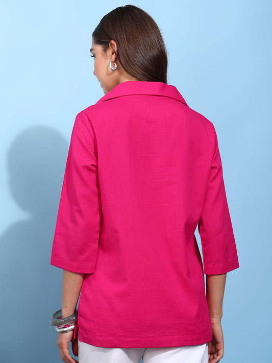 Pink Solid Straight Cotton Flex Stitched Top