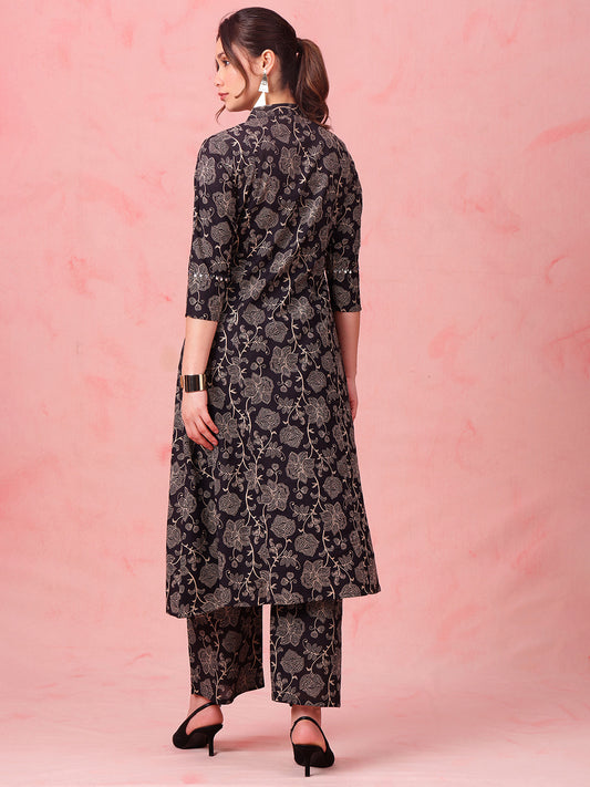 Black Floral A-Line Cotton Stitched Kurta With Palazzo