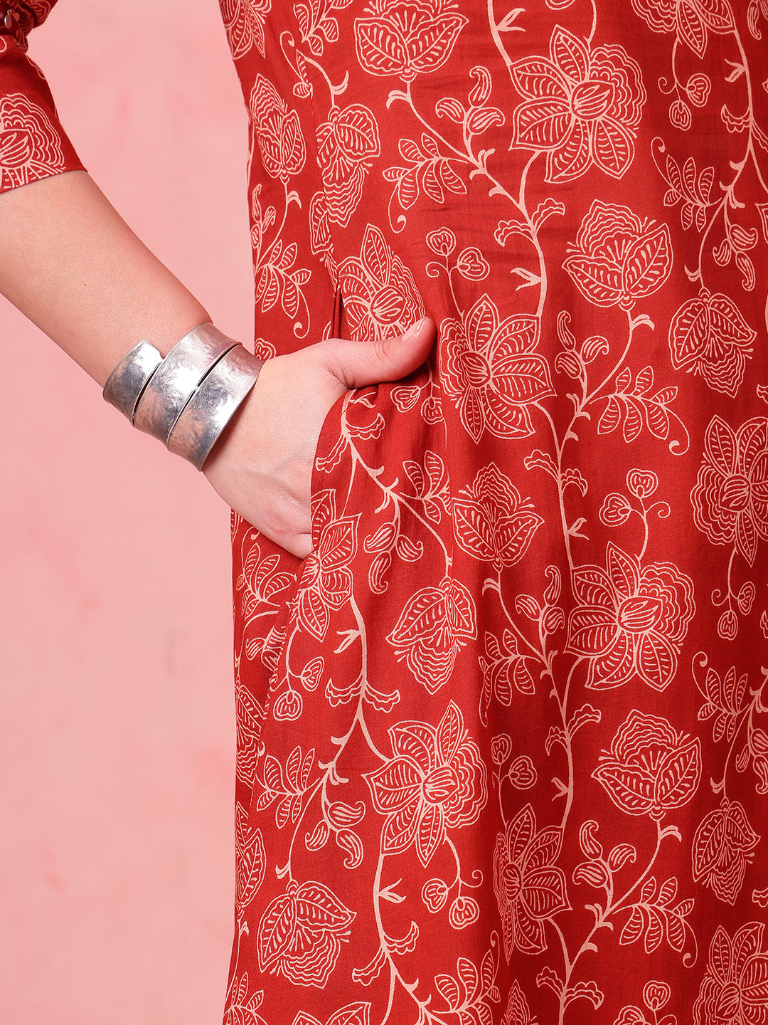 Rust Floral A-Line Cotton Stitched Kurta With Palazzo