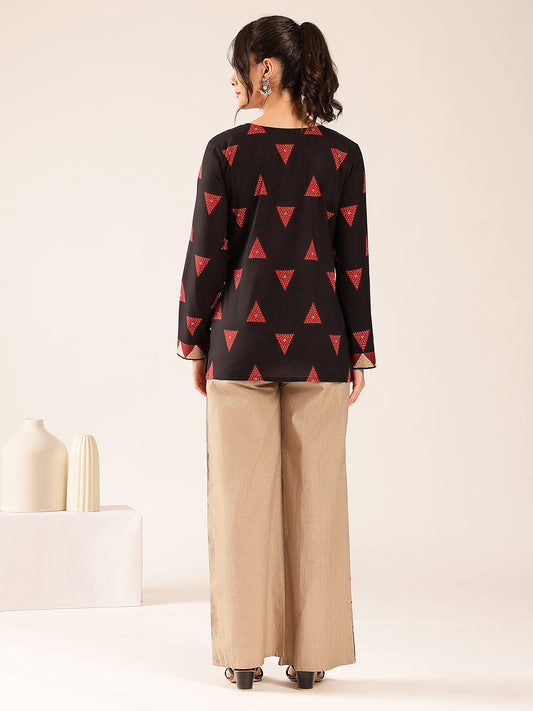 Black Geometric A-Line Cotton Stitched Co-Ord Set