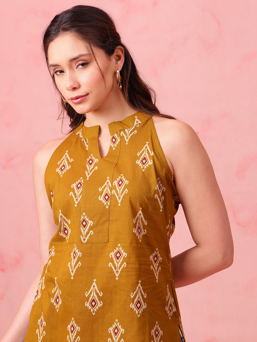 Mustard Ikkat Straight Cotton Stitched Tunic