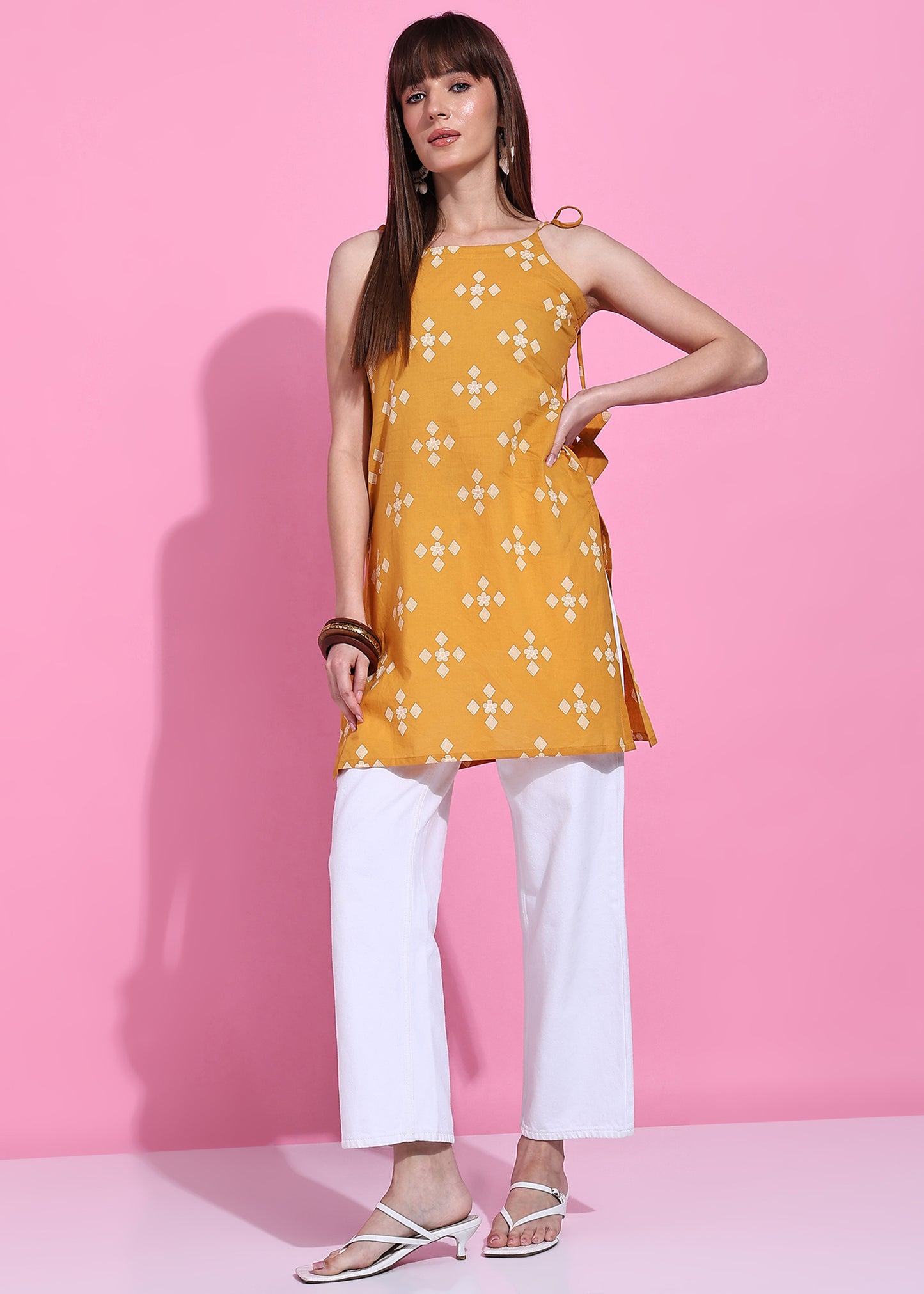Yellow Geometric Straight Cotton Stitched Short Kurta