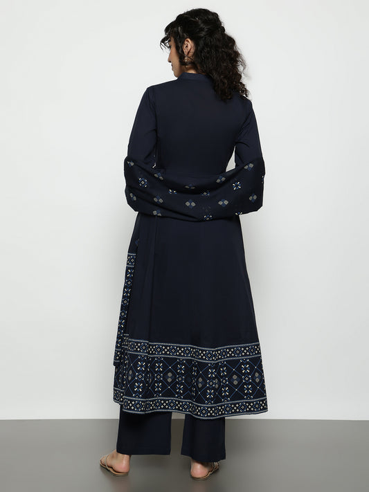 Navy Blue Geomatric A-Line Cotton Stitched Kurta, Palazzo With Dupatta