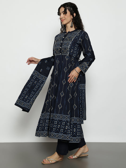 Navy Blue Geomatric A-Line Cotton Stitched Kurta, Palazzo With Dupatta