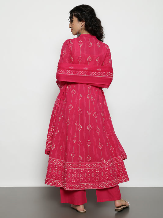Pink Geomatric A-Line Cotton Stitched Kurta, Palazzo With Dupatta