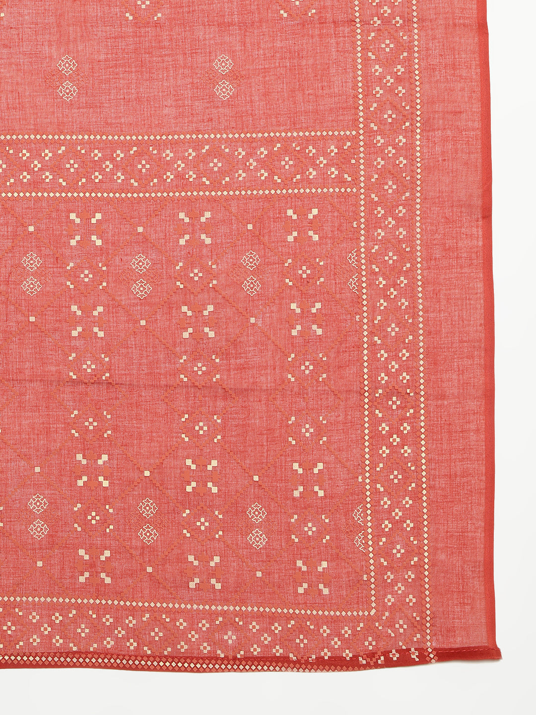 Rust Geomatric A-Line Cotton Stitched Kurta, Palazzo With Dupatta