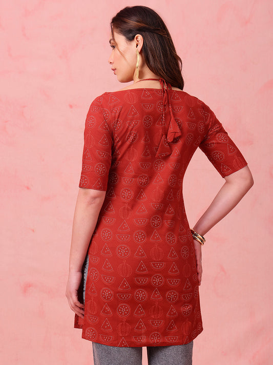 Maroon Geomatric Straight Cotton Stitched Kurti