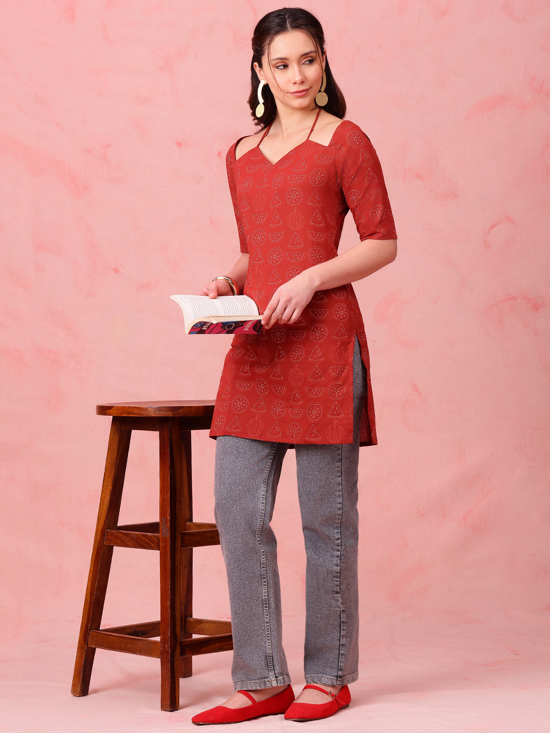 Maroon Geomatric Straight Cotton Stitched Kurti