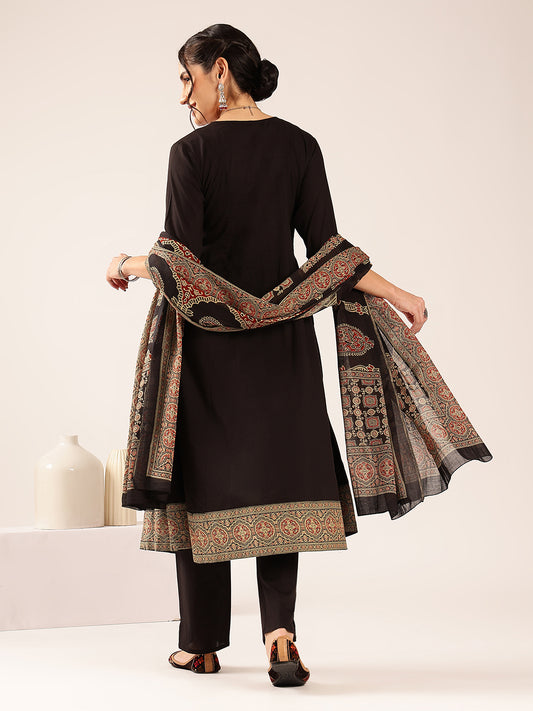 Black Ajrakh Flared Cotton Stitched Kurta Set