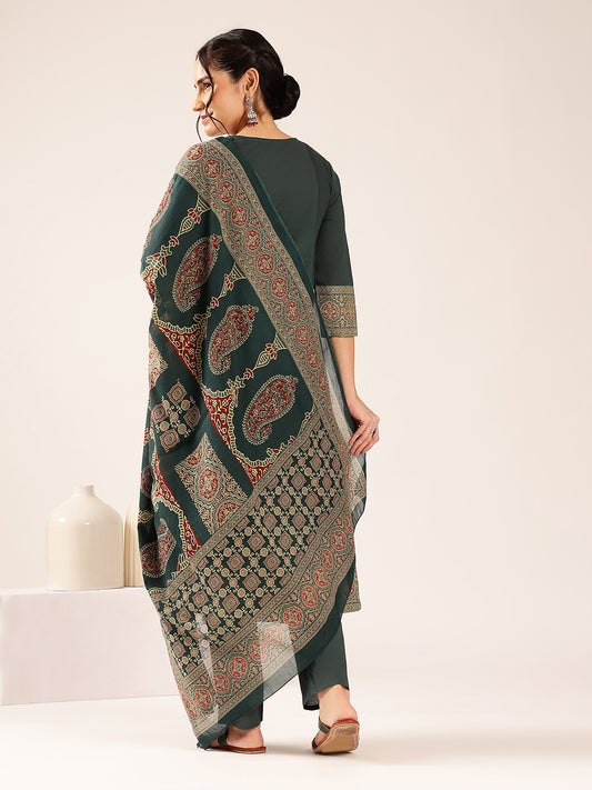 Aqua Blue Ajrakh Flared Cotton Stitched Kurta Palazzo With Dupatta