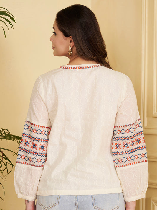 Off-White Geomatric Straight Cotton Jacquard Stitched Top