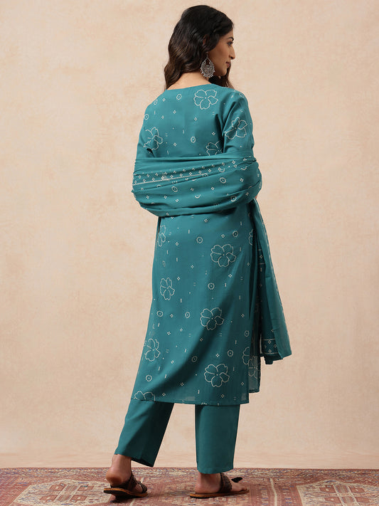 Aqua Bhandhani Straight Cotton Stitched Kurta, Pant With Dupatta