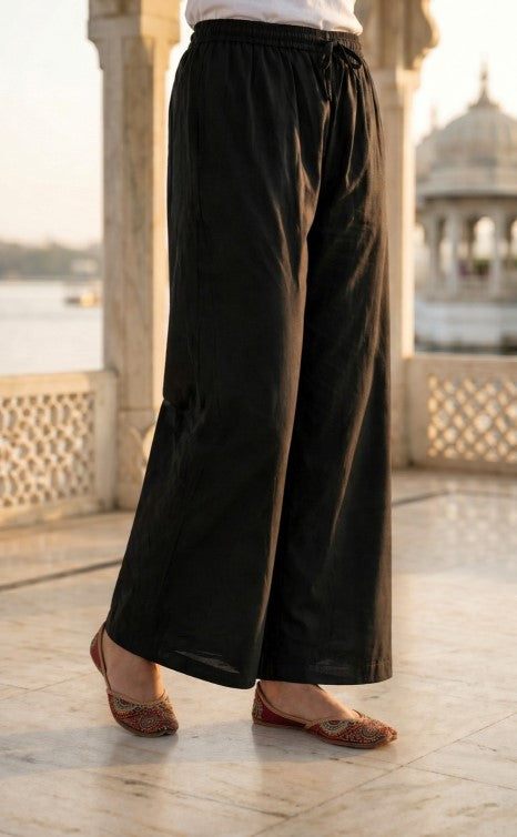 Black Solid A-Line Cotton Stitched Kurta With Pant