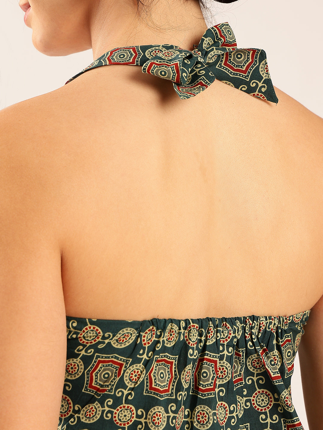 Aqua Ajrakh Straight Cotton Stitched Crop Top