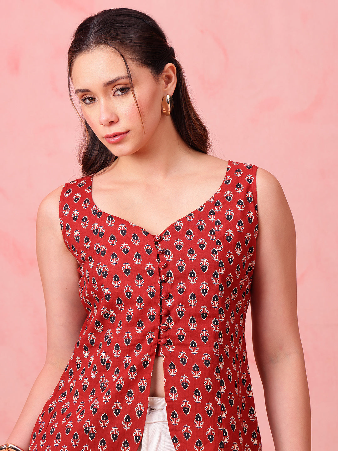 Red Ajrakh Print Waistcoat Cotton Stitched Top